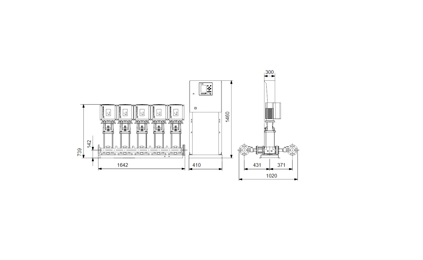 Druckerhöhungsanlage von Grundfos mit mehreren Pumpen in einer kompakten Bauweise. Abmessungen und technische Details sind im Bild dargestellt.